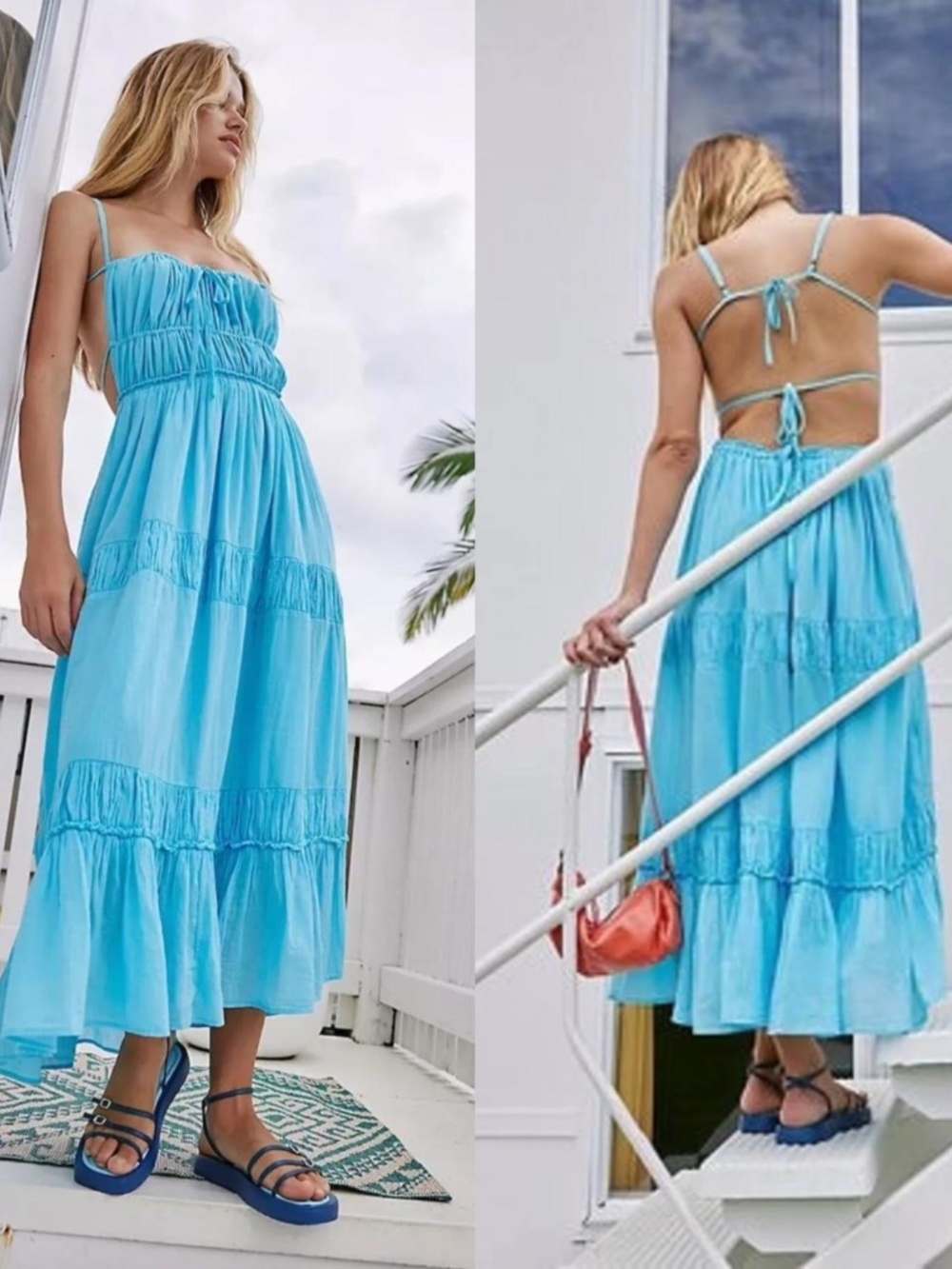 NEW FREE PEOPLE Turquoise AQUA Taking Sides TIERED Cotton OPEN BACK Maxi DRESS L